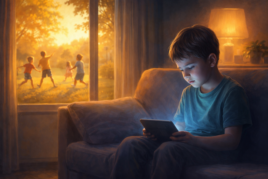 A child sits alone on a couch, lit by the cool blue glow of a tablet, while through the window behind him other children play outside in warm golden afternoon light.