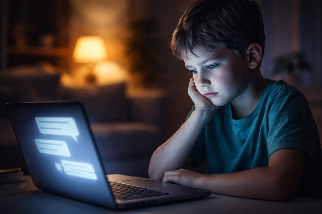 A thoughtful child sits alone at a glowing laptop in a dim room, their face lit by cool blue screen light, while a softly blurred living room with warm lamp light glows in the background.