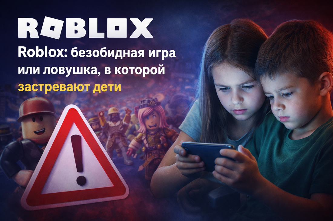 Дети смотрят в телефон на фоне мира Roblox и предупреждающего знака, баннер статьи о рисках увлечения Roblox.